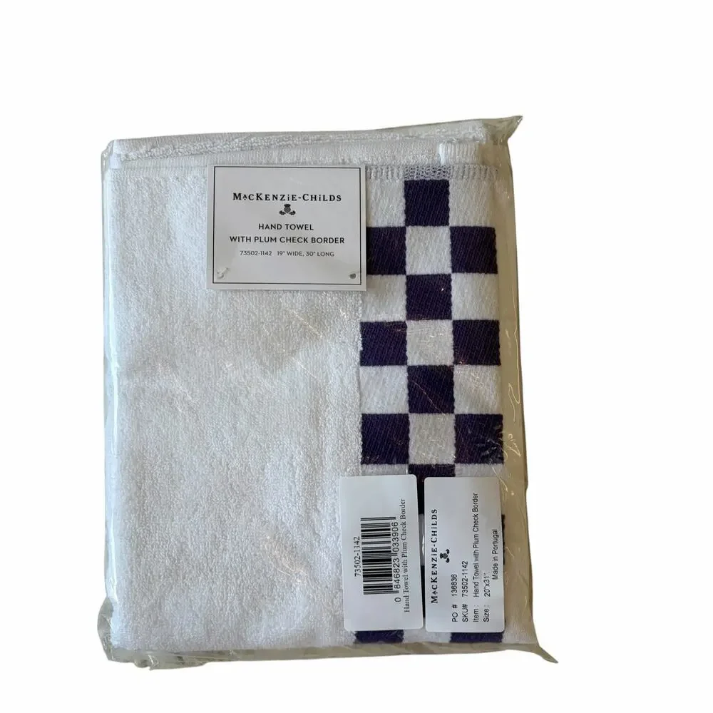NEW Mackenzie-Childs Cotton Hand Towel with Violet Check Border 19x30